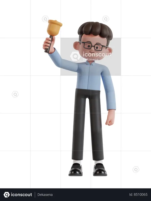 Curly Haired Businessman Holding Bell To Remind  3D Illustration