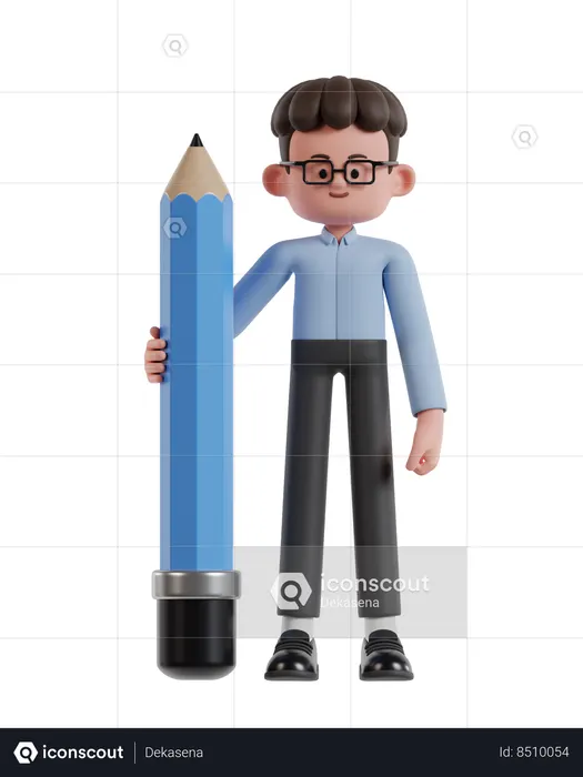Curly Haired Businessman Holding Big Pencil  3D Illustration