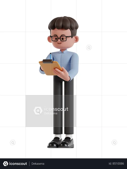 Curly Haired Businessman Holding Clipboard And Writing With Pencil  3D Illustration
