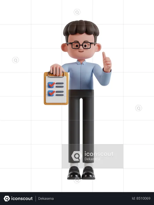 Curly Haired Businessman Holding Clipboard Completing Task With Checklist  3D Illustration