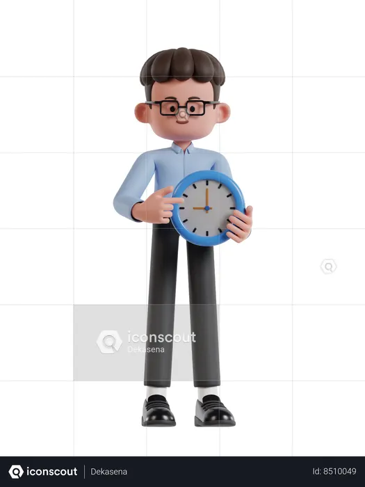 Curly Haired Businessman Holding Clock  3D Illustration