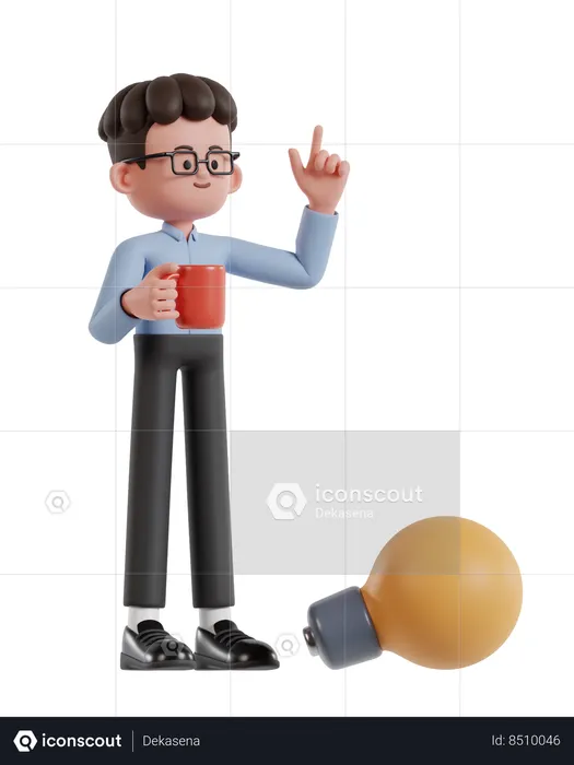 Curly Haired Businessman Holding Coffee Cup And Getting Inspiration  3D Illustration