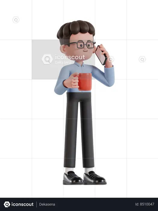 Curly Haired Businessman Holding Coffee Cup And Talking On Cell Phone  3D Illustration
