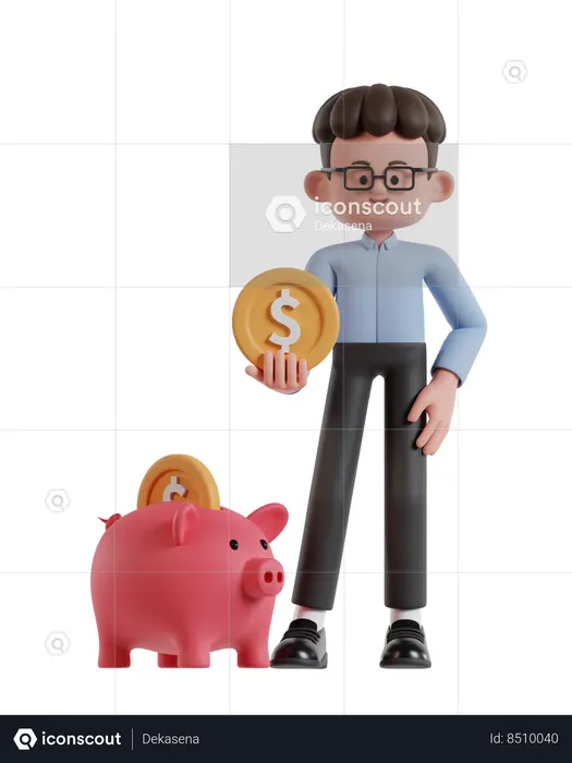 Curly Haired Businessman Holding Coins And Saving In Piggy Bank  3D Illustration