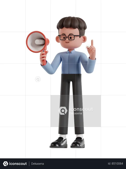 Curly Haired Businessman Holding Megaphone While Raising Finger  3D Illustration