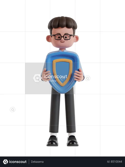 Curly Haired Businessman Holding Protection Shield  3D Illustration