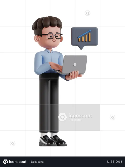 Curly Haired Businessman Monitoring Growth Statistics On Laptop Screen  3D Illustration