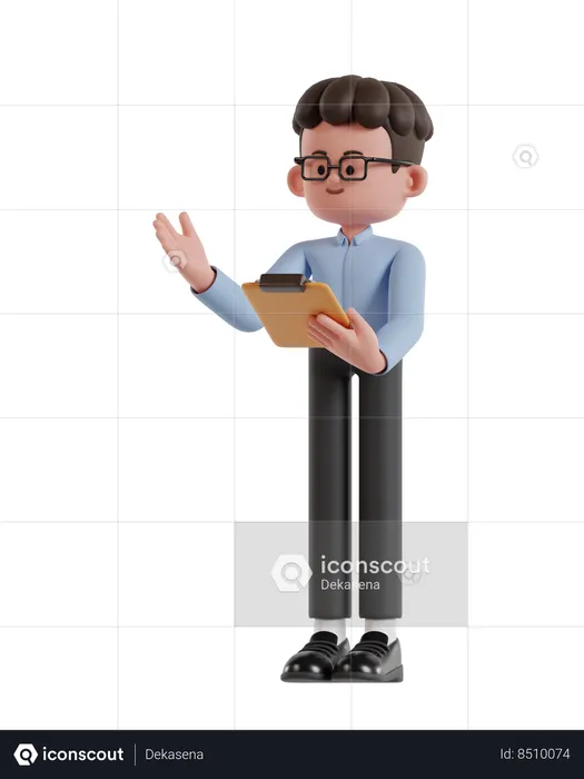 Curly Haired Businessman Presenting While Holding Clipboard  3D Illustration