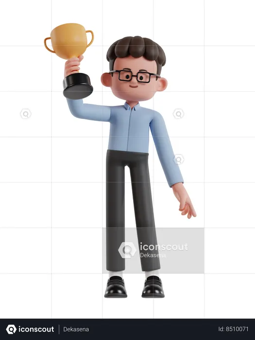 Curly Haired Businessman Raises Trophy With Right Hand  3D Illustration