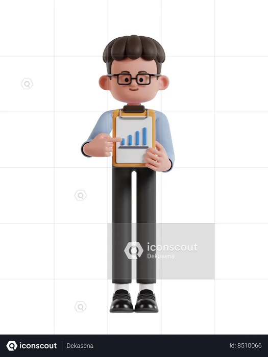 Curly Haired Businessman Shows Improvement Data On Paper Clamped To Clipboard  3D Illustration