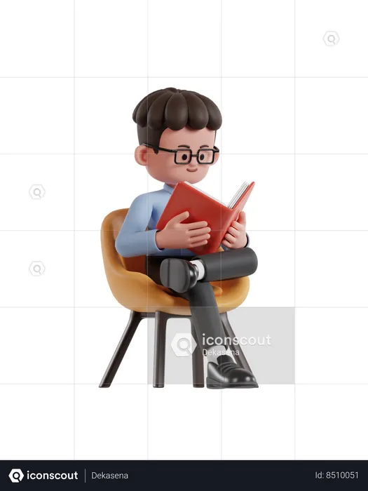 Curly Haired Businessman Sitting On Chair And Reading Book  3D Illustration