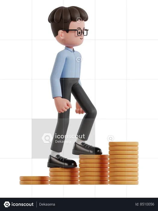 Curly Haired Businessman Wearing Glasses Climbing Up On Chart Of Dollar Coins  3D Illustration