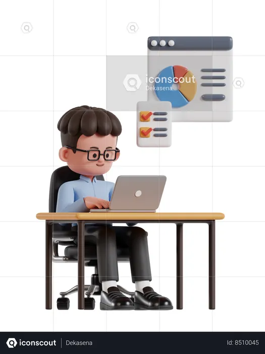 Curly Haired Businessman Working On Laptop At Office Desk  3D Icon