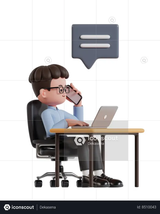 Curly Haired Businessman Working On Laptop While Talking On Phone  3D Illustration