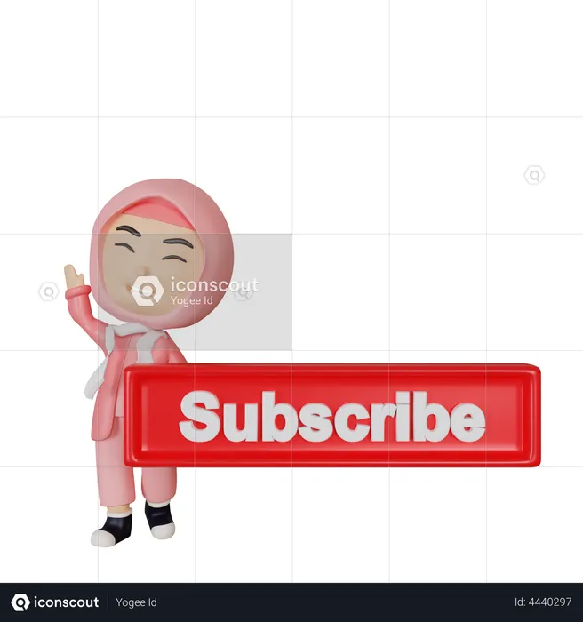 Cute Arabic girl with subscribe button  3D Illustration
