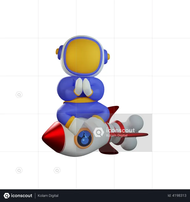 Cute Astronaut Riding Rocket with Namaste Hand Gesture  3D Illustration