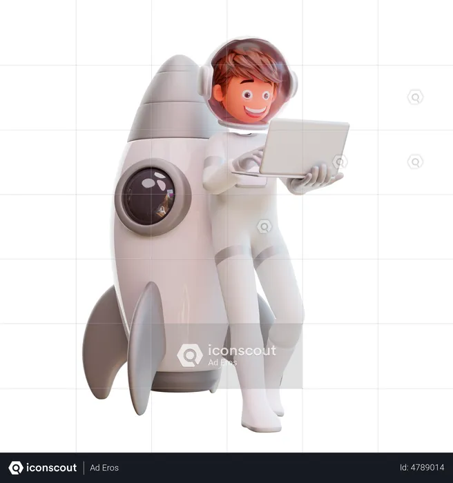 Cute astronaut tanding and holding laptop  3D Illustration