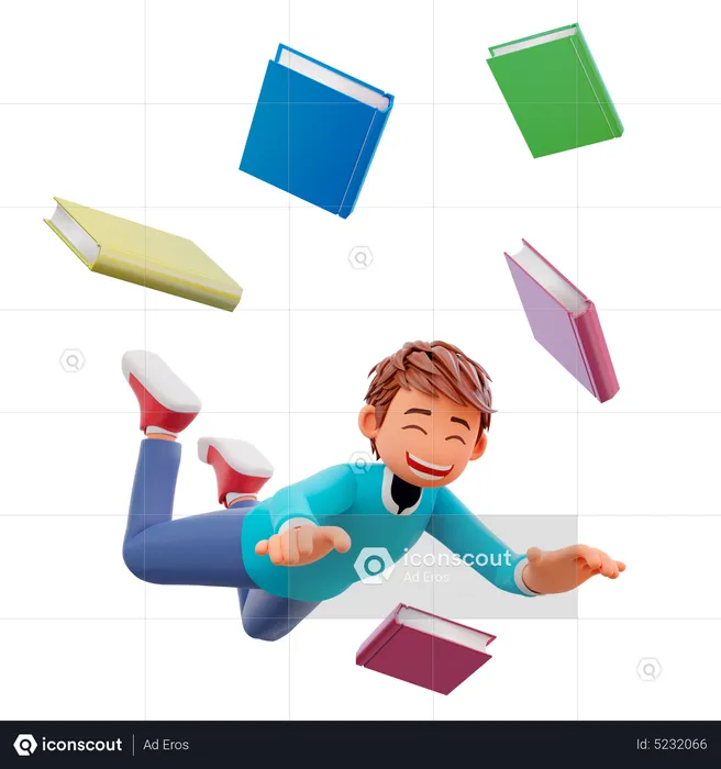 Cute boy fall with many books  3D Illustration