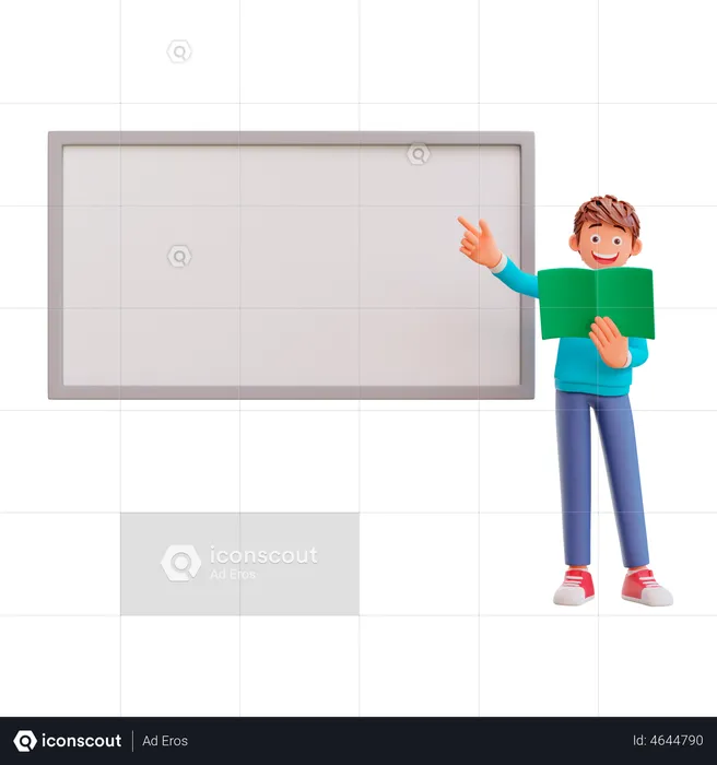 Cute boy pointing at whiteboard  3D Illustration