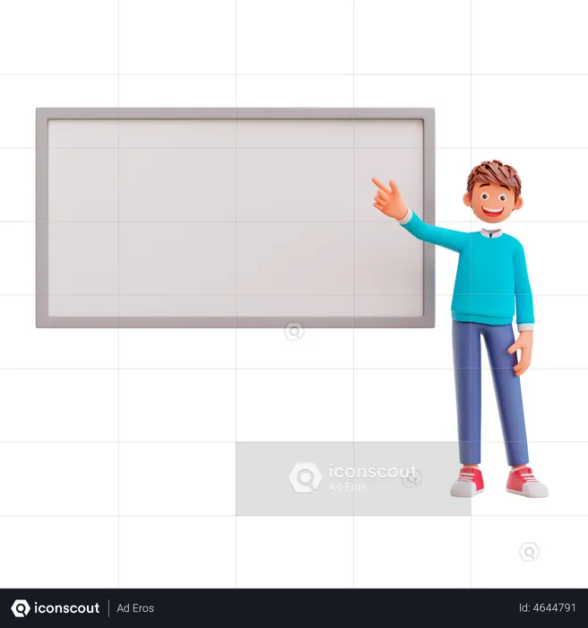 Cute boy pointing at whiteboard  3D Illustration