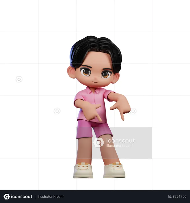 Cute Boy Pointing Down Pose  3D Illustration