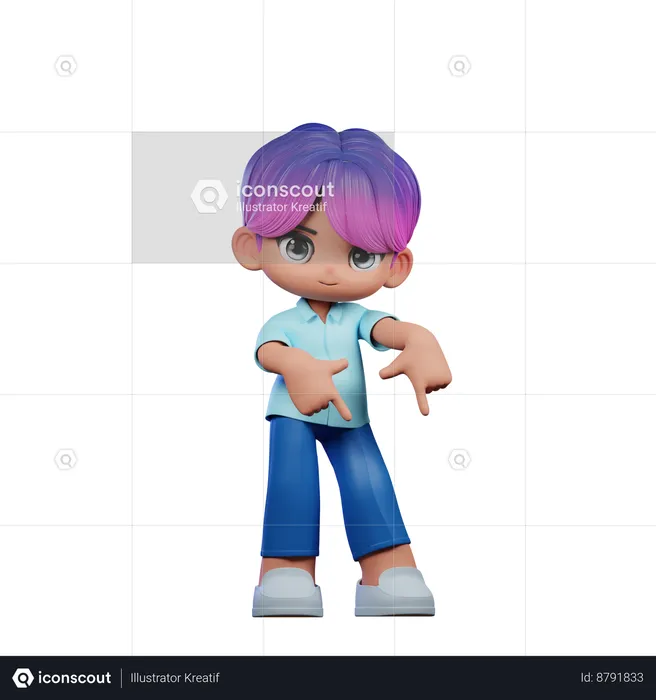 Cute Boy Pointing Down Pose  3D Illustration