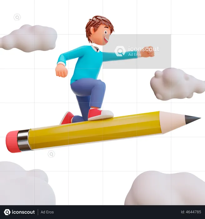 Cute boy ride a pencil  3D Illustration