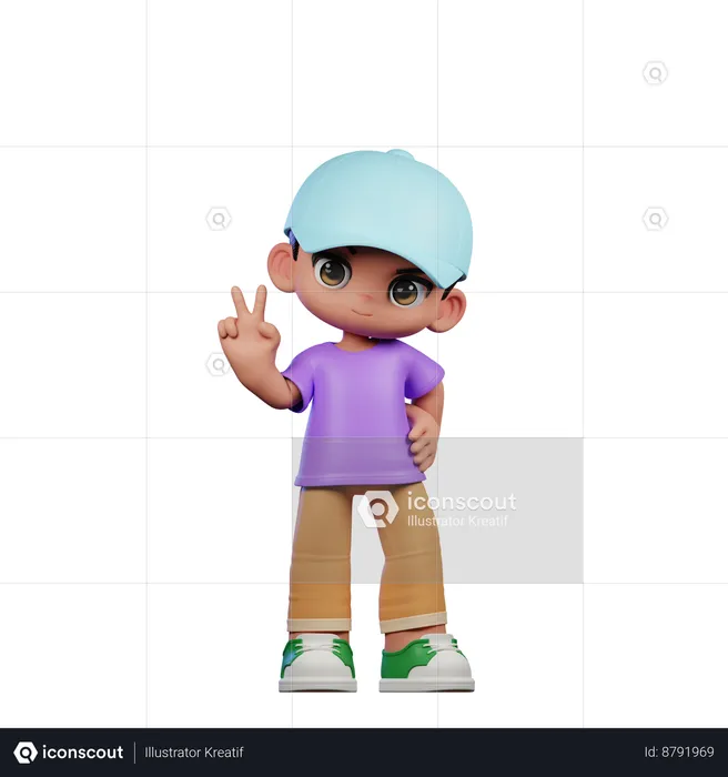 Cute Boy Showing Peace Sign  3D Illustration