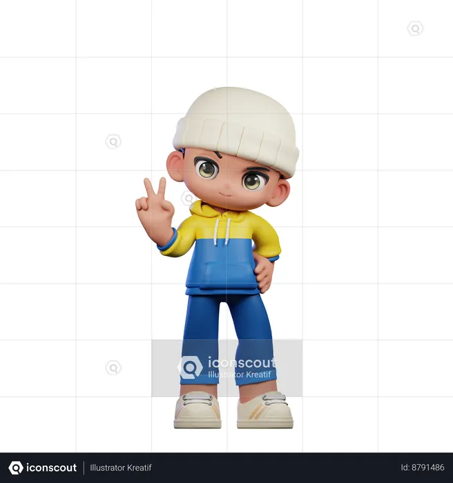 Cute Boy Showing Peace Sign Pose  3D Illustration