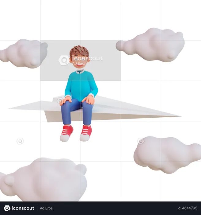 Cute boy sit on paper plane  3D Illustration