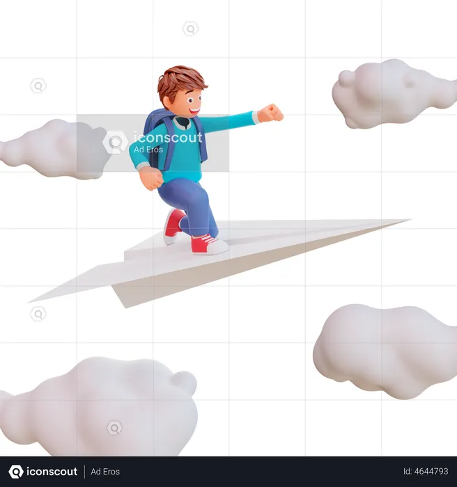 Cute boy sit on paper plane  3D Illustration