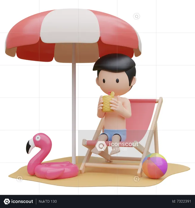 Cute boy sitting and relax on beach chair on the beach in summer  3D Illustration