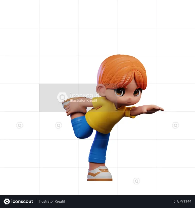 Cute Boy Standing One Leg Pose  3D Illustration