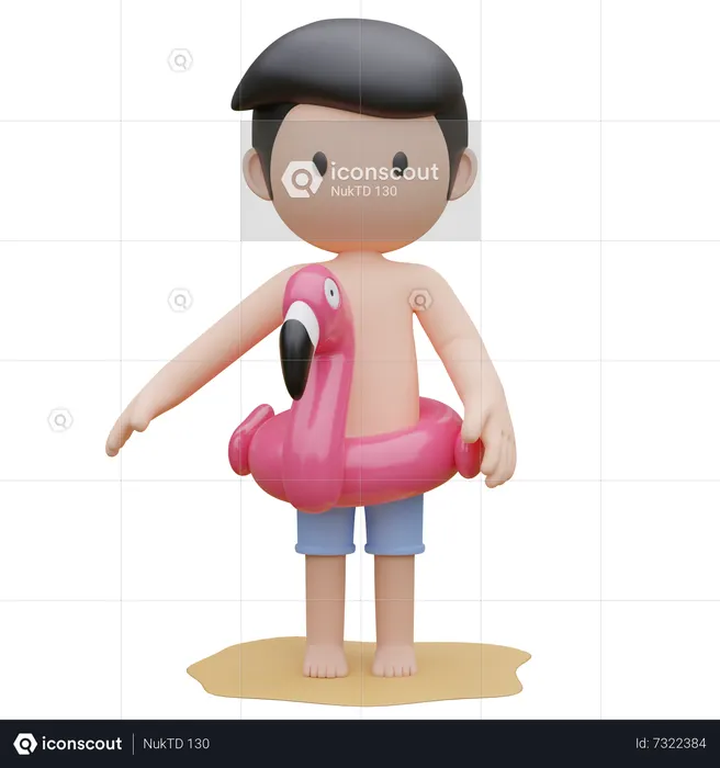 Cute boy wearing Flamingo rubber ring on the beach in summer  3D Illustration