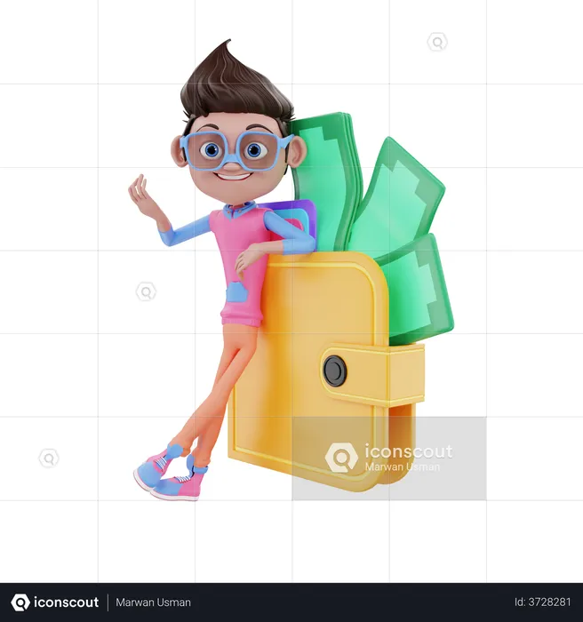 Cute Boy With Big Wallet  3D Illustration
