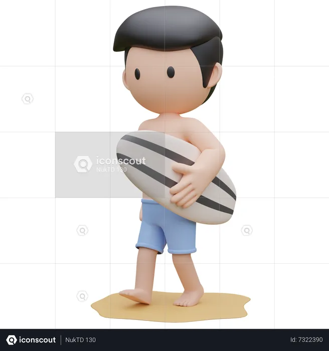 Cute boy with surfboard on the beach in summer  3D Illustration
