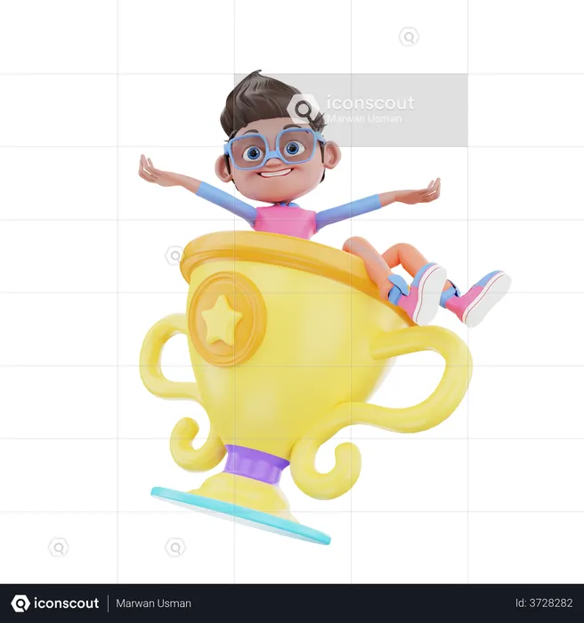 Cute Boy With Trophy  3D Illustration