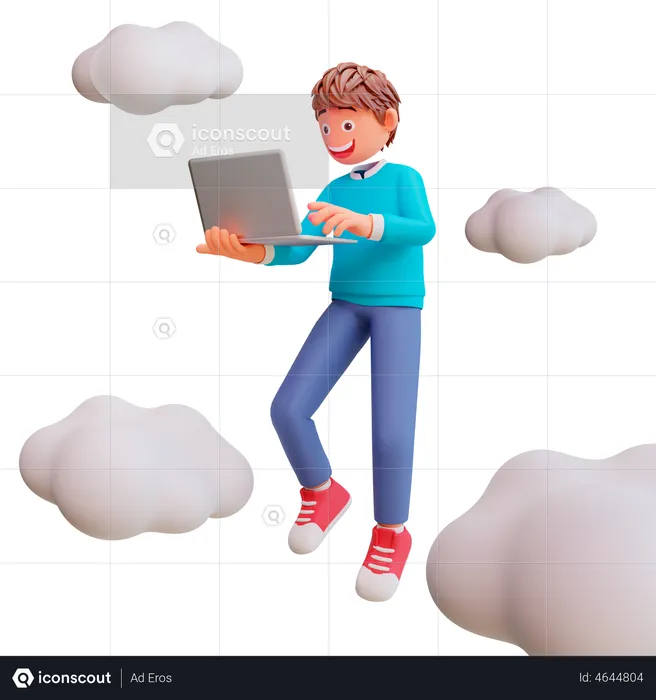 Cute Boy Working On Laptop  3D Illustration