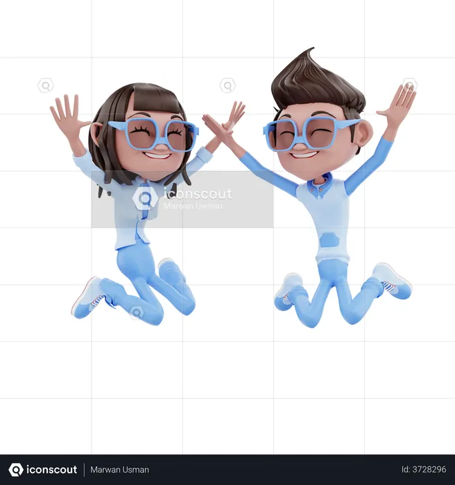 Cute Business Couple Jumping In The Air  3D Illustration
