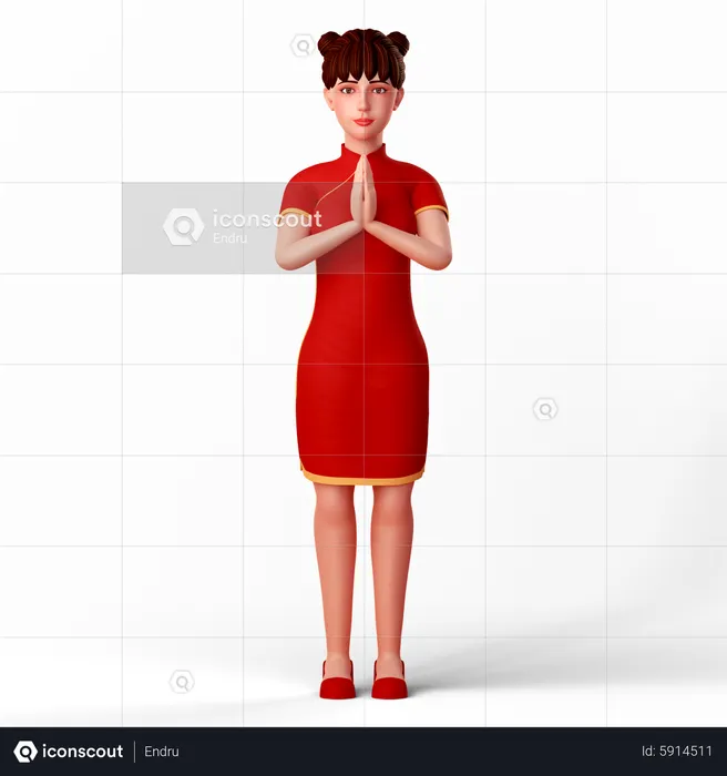 Cute Chinese girl folds her hand as a welcoming pose  3D Illustration