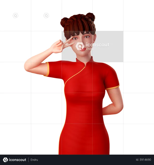 Cute Chinese  girl posing with peace right hand gesture and put near in her eye  3D Illustration