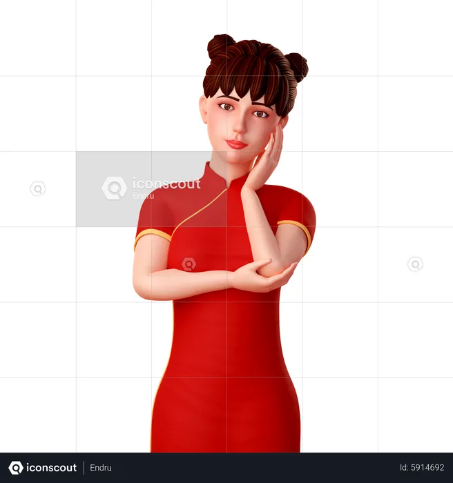 Cute Chinese girl puts her hands on her face and do a elegant pose  3D Illustration