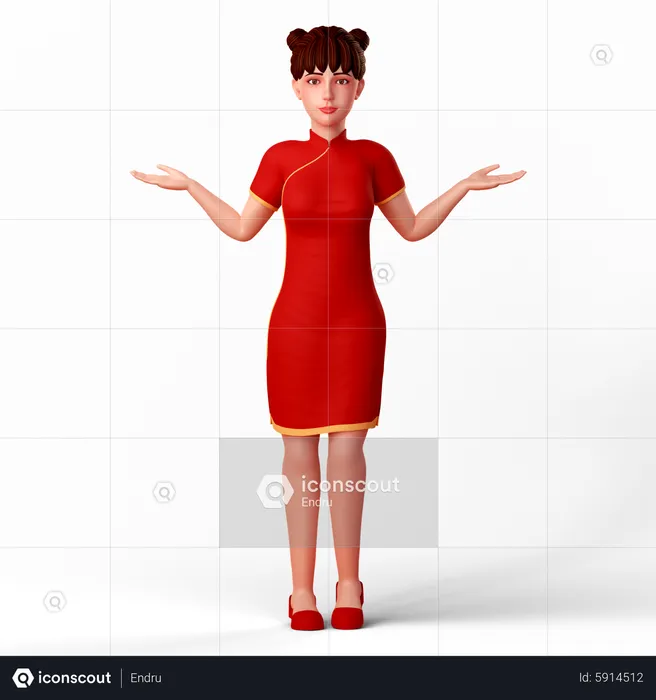 Cute Chinese girl with shrug pose  3D Illustration