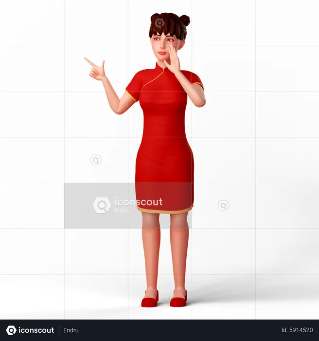 Cute Chinese lady pointing with her right hand and left hand is placed near mouth  3D Illustration