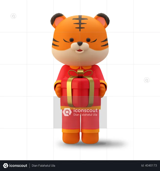 Cute Chinese tiger holding red gift box  3D Illustration