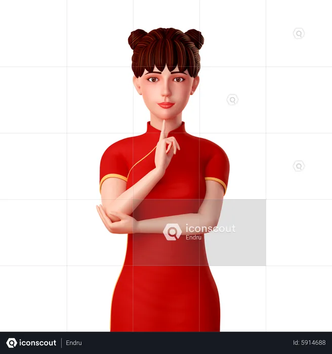 Cute Chinese Woman, the girl was thinking and her put index finger in chin  3D Illustration