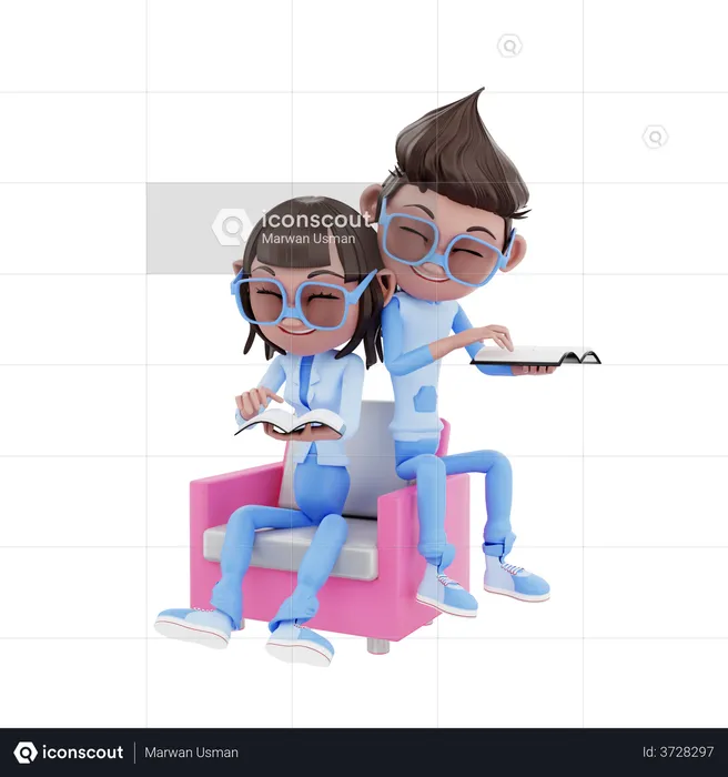 Cute Couple Reading A Book  3D Illustration