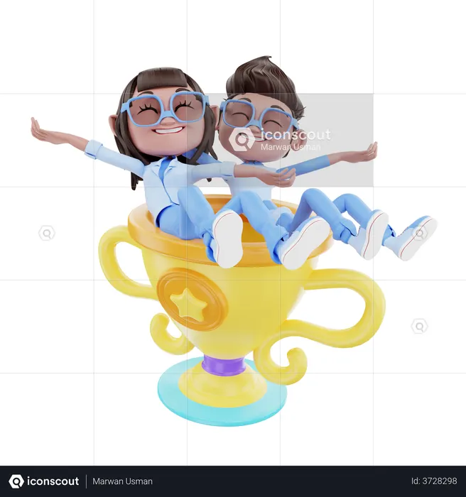 Cute Couple With Trophy  3D Illustration