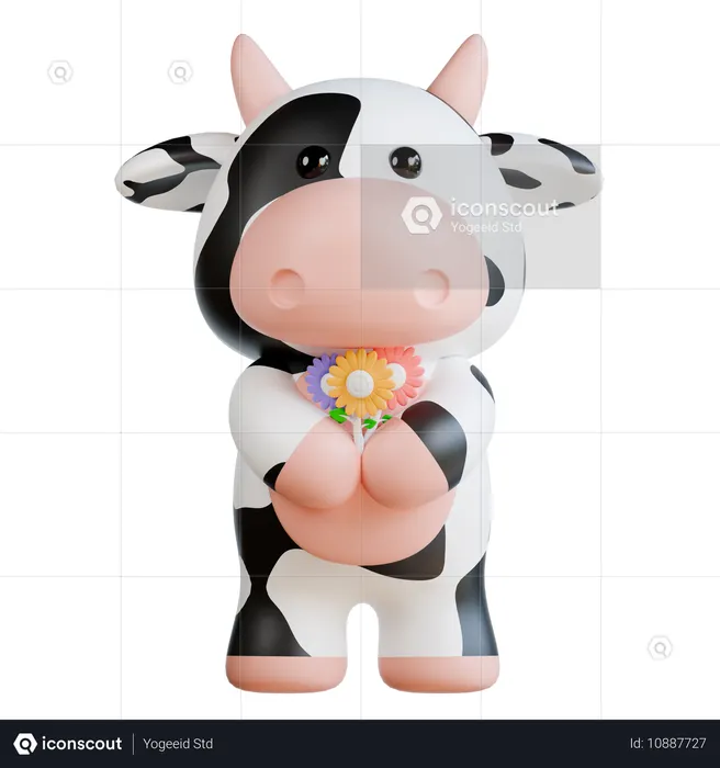 Cute Cow Bring Flower  3D Illustration