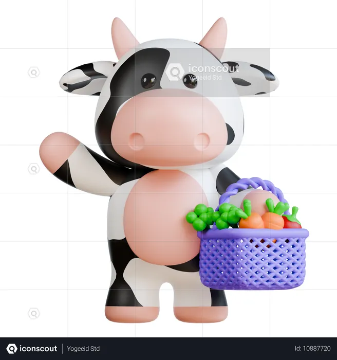 Cute Cow carrying Vegetables basket  3D Illustration